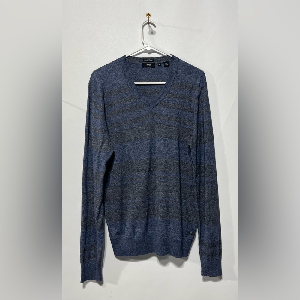 Boss Blue and Grey Slim Fit Striped Finest Italian Yarn Sweater Size Medium‎
